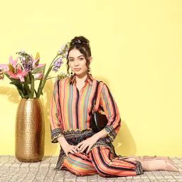 Anouk Orange Striped Shirt Collar Tunic & Trousers image 4