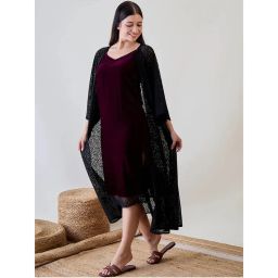 The Kaftan Company Black Delicate Lace Gown with Burgundy Velvet Slip-picture-7