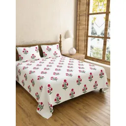 JAIPUR FABRIC Ocean Enclave Handblock Leaves King Bedsheet With 2 Pillow Covers image 1