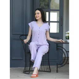 MAYSIXTY Women Pure Poly Crinkle Solid V Neck Blue Short Sleeve Top with Pyjama (Set of 2)-image-83