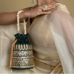 Teejh Royal Affair Bottle Green Embroidered Potli Bag-image-0