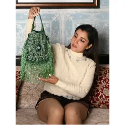 Odette Green Beads Suede and Cutdana Loop Tassels Potli Bag-image-19