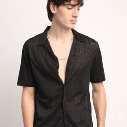 Voroxy Men Smart Cuban Collar Textured Polycotton Casual Shirt-image-54