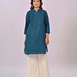 INAAYA JAIPUR Plus Size Mandarin Collar Roll-Up Sleeves Pure Cotton Straight Kurta-picture-28