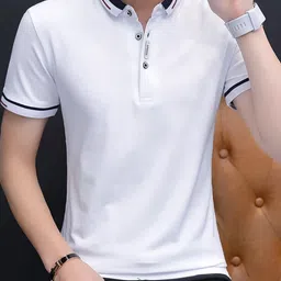 KPOP Men Solid Polo Collar Cotton T-shirt image 1