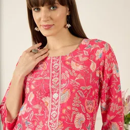Indo Era Floral Printed Thread Work Round Neck Cotton Straight Kurta-image-45