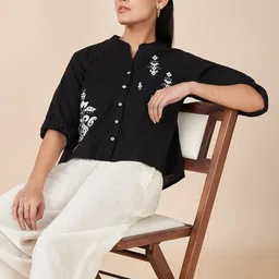 AKKRITI BY PANTALOONS Mandarin Collar Cotton Shirt Style Top-picture-13