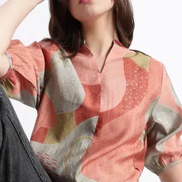 HERE&NOW Print Mandarin Collar Puff Sleeve Top-picture-17