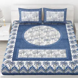 Aura Blue & White Ethnic Motifs 144 TC Queen Bedsheet with 2 Pillow Covers-picture-11