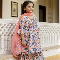 Cutiediva Girls Floral Printed Regular Pure Cotton Kurta with Sharara & With Dupatta image 3