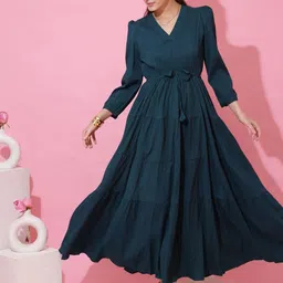 Honky Tonky Solid Belted Puff Sleeves V-Neck Maxi Dress-picture-25