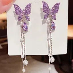 Celestria Korean Artificial Stones Studded Beaded Butterlfy Drop Earrings image 3