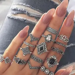 TheVineGirl Women Set of 15 Oxidised Vintage Floral Designs Ring Set-image-97