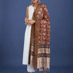 Taavi Floral Kalamkari Printed Zari Pure Cotton Dupatta image 2