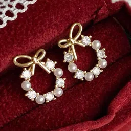 PolluxCraft Gold-Plated Artificial Stones Studded & Beaded Contemporary Korean Studs image 4