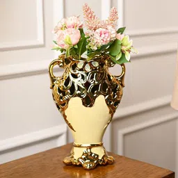 MARKET99 VON CASA Cream & Gold Toned Ceramic Rococo Pattern Glossy Finish Flower Vase image 4