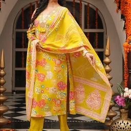AHIKA Women Floral Printed Regular Kurta with Trousers & With Dupatta Kurta Sets-image-77