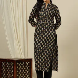 MASSTANI BY INDDUS Ethnic Motifs Printed Mandarin Collar Gotta Patti Cotton Straight Kurta-picture-35