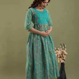 Ashvy Floral Printed Round Neck Fit and Flare Midi Maternity Ethnic Dress image 2