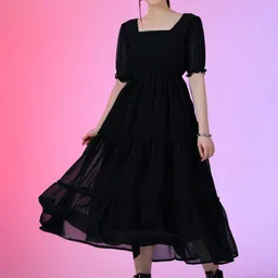 Femvy Women Puff Sleeve Square Neck Tiered Fit & Flare Midi Dress-image-5