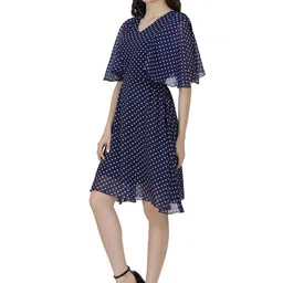 Warsian Polka Dots Printed Flared Sleeves Georgette Fit & Flare Dress image 4