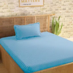 Sleeping Owls Blue Striped 210 TC Single Bedsheet with 2 Pillow Covers image 2