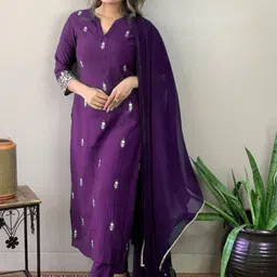 Kesudi Women Ethnic Motifs Embroidered Regular Thread Work Kurta with Trousers & With Dupatta image 3