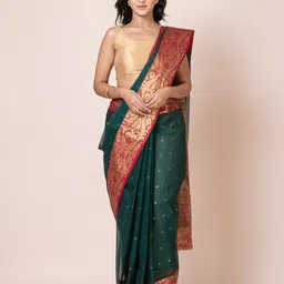 PUKU Woven Design Ethnic Motifs Zari Pure Cotton Taant Saree-image-1