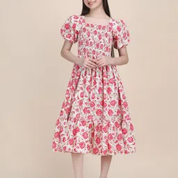 Pinly Floral Puff Sleeve Crepe Fit & Flare Midi Dress-picture-37