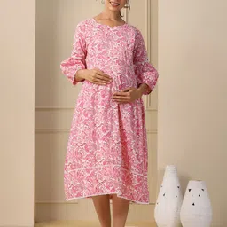 Ikk Kudi by Seerat Floral Print Puff Sleeve Maternity Fit & Flare Midi Dress-picture-34