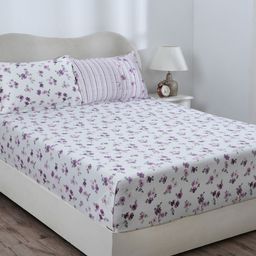 MASPAR Eclectic Garden Purple 300TC Fitted Pure Cotton Queen Bedsheet & 2 Pillow Cover-picture-12