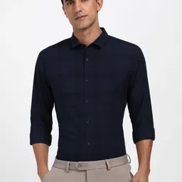 Peter England Slim Fit Checked Spread Collar Opaque Formal Shirt-image-64