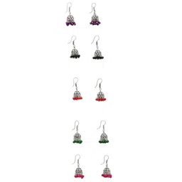 Sangria Set Of 5 German Silver-Plated Artificial Beaded Oxidised Dome Shaped Jhumkas image 2
