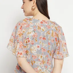 Bitterlime Floral Print Flared Sleeve Georgette Crop Top image 5