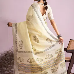 Mitera Ethnic Motifs Printed Pure Linen Taant Saree image 5