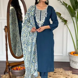 HERE&NOW Women Embroidered Regular Thread Work Kurta with Trousers & With Dupatta-picture-29