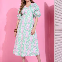 Golden Kite Women Tropical Print Puff Sleeve Fit & Flare Midi Dress-image-14