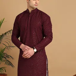 CHARLOTTE GRACIOUS Floral Embroidered Band Collar Sequinned Straight Kurta-image-64