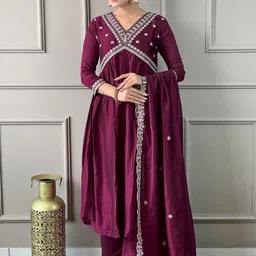 VARNI FABRICS Floral Embroidered V-Neck A-Line Kurta With Trousers And Dupatta-image-9