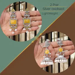 Anouk Set Of 2 Silver-Plated Artificial Stones and Beaded Geometric Drop Earrings-picture-12