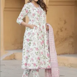 STYLENZA Women Floral Printed Regular Kurta with Trousers & With Dupatta image 5