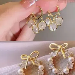 NAVJAI Women Set of 2 Artificial Stones Hoop Earrings-image-2