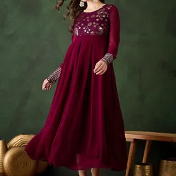 SZN Women Embellished Sequinned Round Neck Georgette Fit and Flare Maxi Dress-image-68
