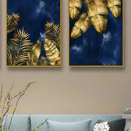 Art Street Gold-Toned & Blue 2 Pieces Leaves Printed Canvas Wall Paintings-picture-22