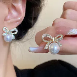 DressBerry Korean Gold-Plated Pearls Beaded Contemporary Drop Earrings image 3