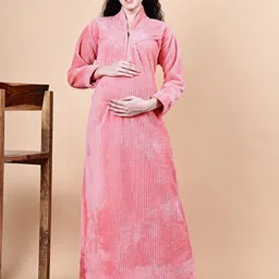 Secret Wish Striped Self Design Maternity Maxi Nightdress-image-5