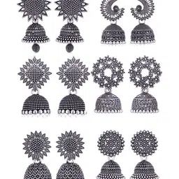 MEENAZ Set Of 6 Silver-Plated Oxidized Dome Shaped Jhumkas-image-92