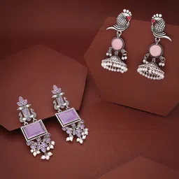 Sangria Set Of 2 Silver-Plated Artificial Stones Studded and Beads Beaded Drop Earrings-image-46