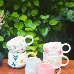 WEAVING HOMES White & Pink 6 Pieces Floral Printed Ceramic Glossy Mugs-image-89