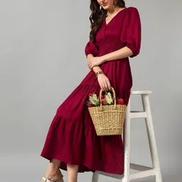 Femvy Women V-Neck Puff Sleeve Smoked Tiered Fit & Flare Midi Dress-image-93